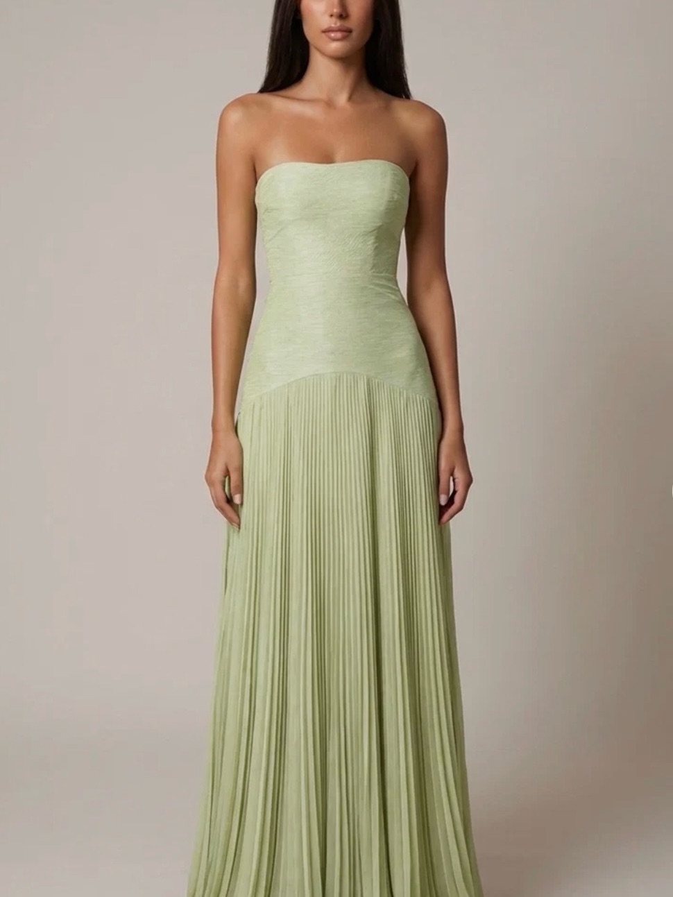 Strapless Pleated Maxi Dress In Sage Green